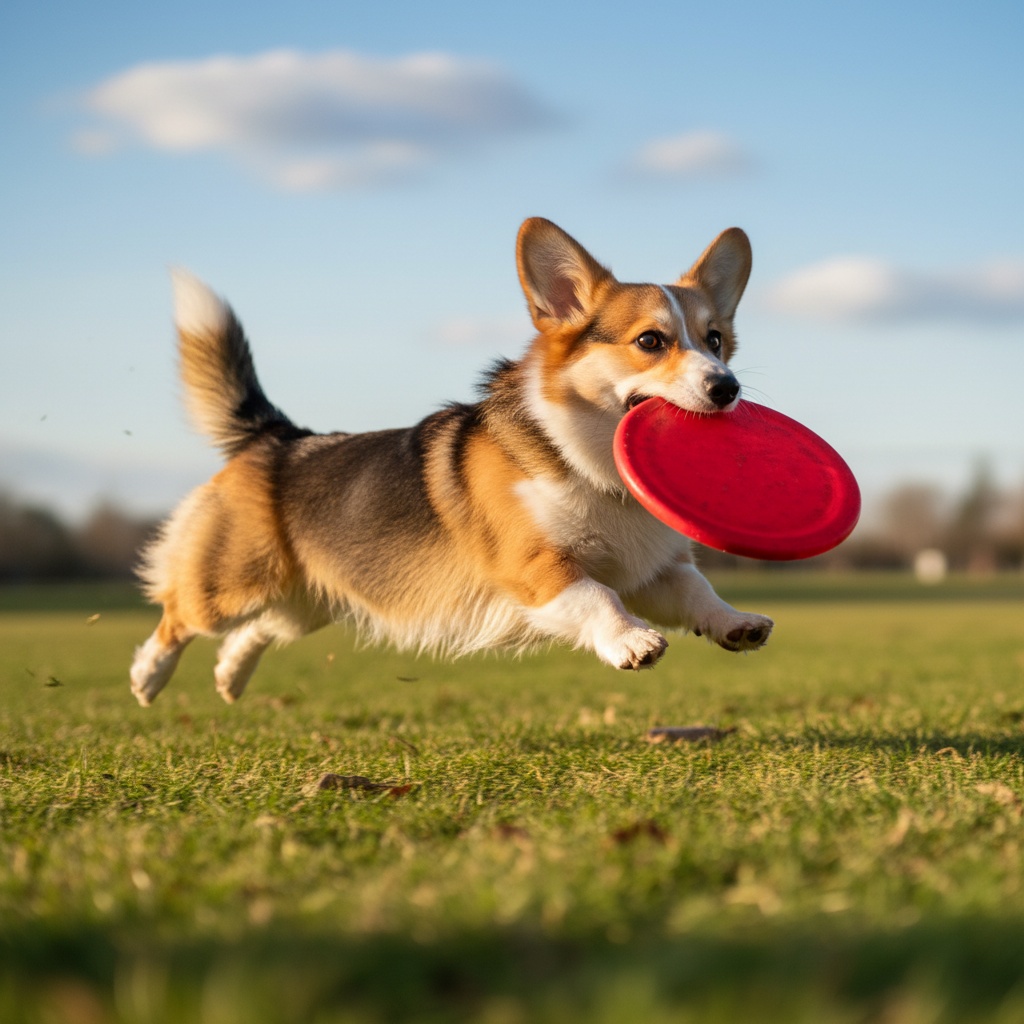 Corgi catching a frisbee