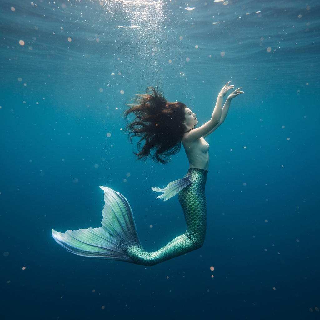 Create a high-definition image: 

Description:

Main Body and Features

Mermaid: She has a flowing long hair, which seems to be dark brown or black, spreading out in the water. Her tail is presented with a beautiful green or bluish-green color, with the fish-like part unfolded, swaying elegantly.

Pose: The mermaid is slightly turned to the side, with her arms lightly raised, making a dance or floating motion, giving a peaceful and beautiful expression.

Background and Atmosphere

Water Scene: Surrounded by deep blue sea water, creating a profound and mysterious atmosphere.

Light: There seems to be a soft or multiple beams of light from the water surface or somewhere else entering the scene, illuminating the mermaid, especially her face and tail, adding a sense of fantasy.

Details: There might be some small bubbles or faint lights scattered in the background, further emphasizing that she is underwater.