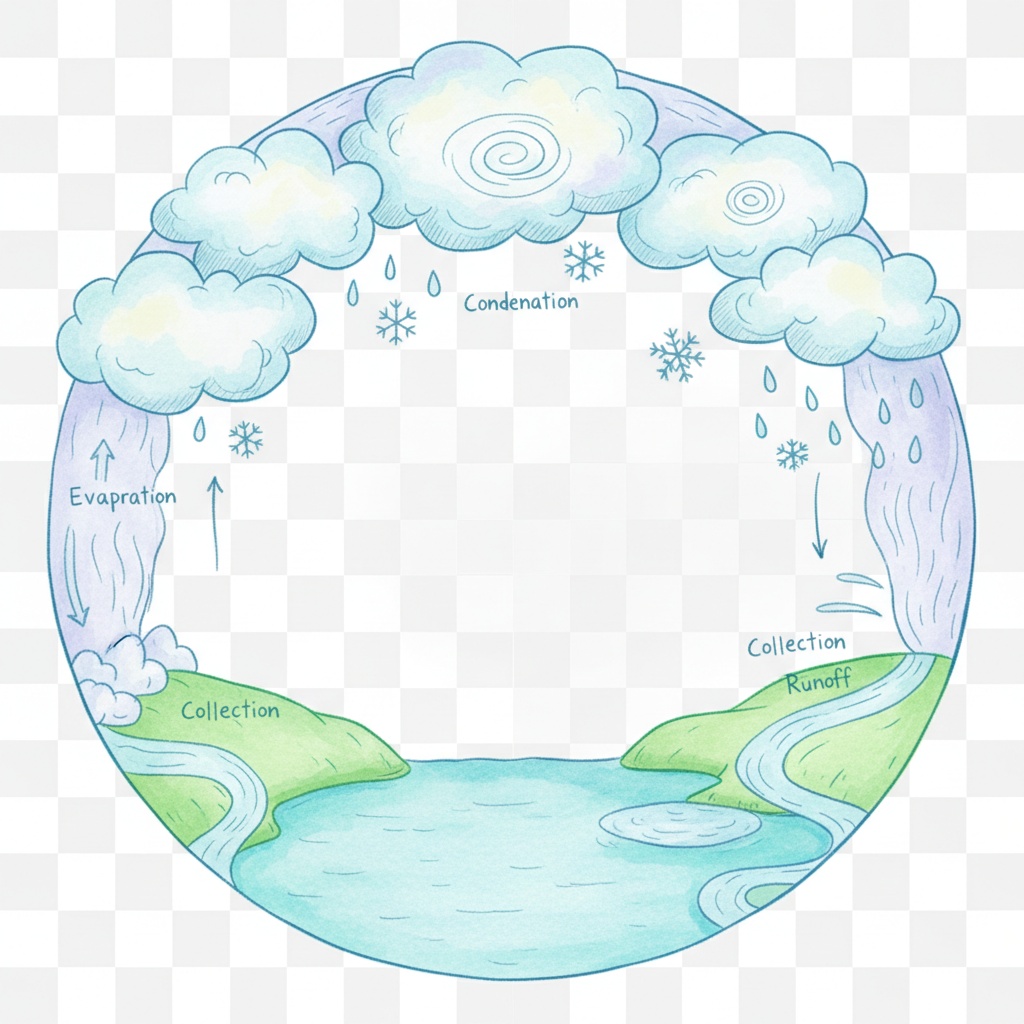 A circular diagram illustrating the water cycle, with stylized clouds, rivers, and oceans in a vibrant, hand-drawn look, pastel blue and green tones, 4:3 aspect ratio, transparent background, no text.