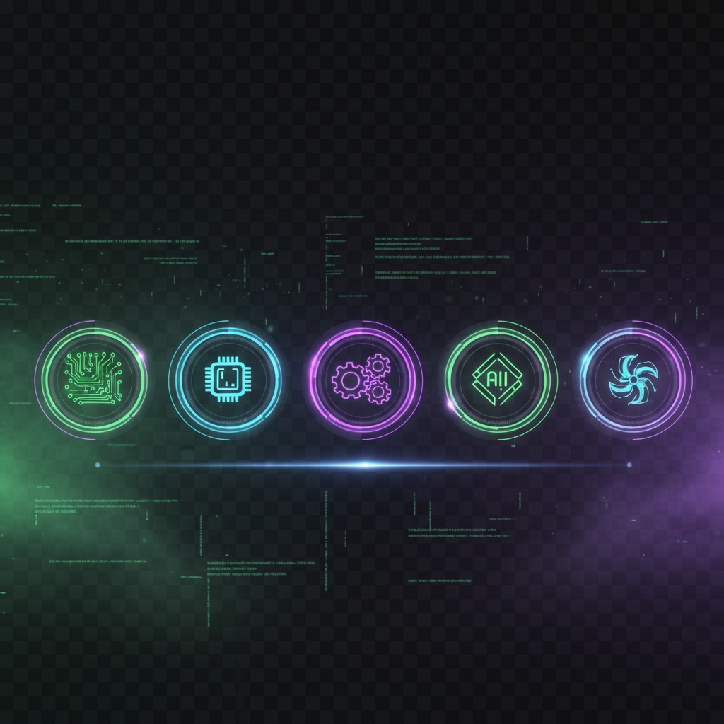 A horizontal timeline with 5 circular milestones, each with a tech-inspired icon (e.g., circuit, gear), soft neon accents in green and purple, transparent background, 16:9 ratio, futuristic aesthetic, no text labels.