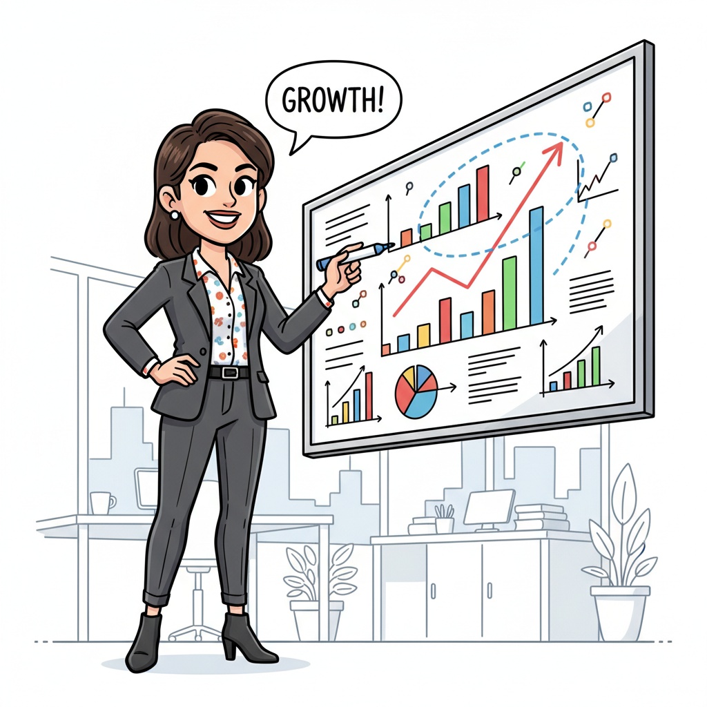A woman pointing at a whiteboard with data on it