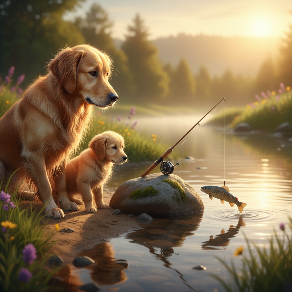 Image of dog retriever with puppy doing fishing on river side