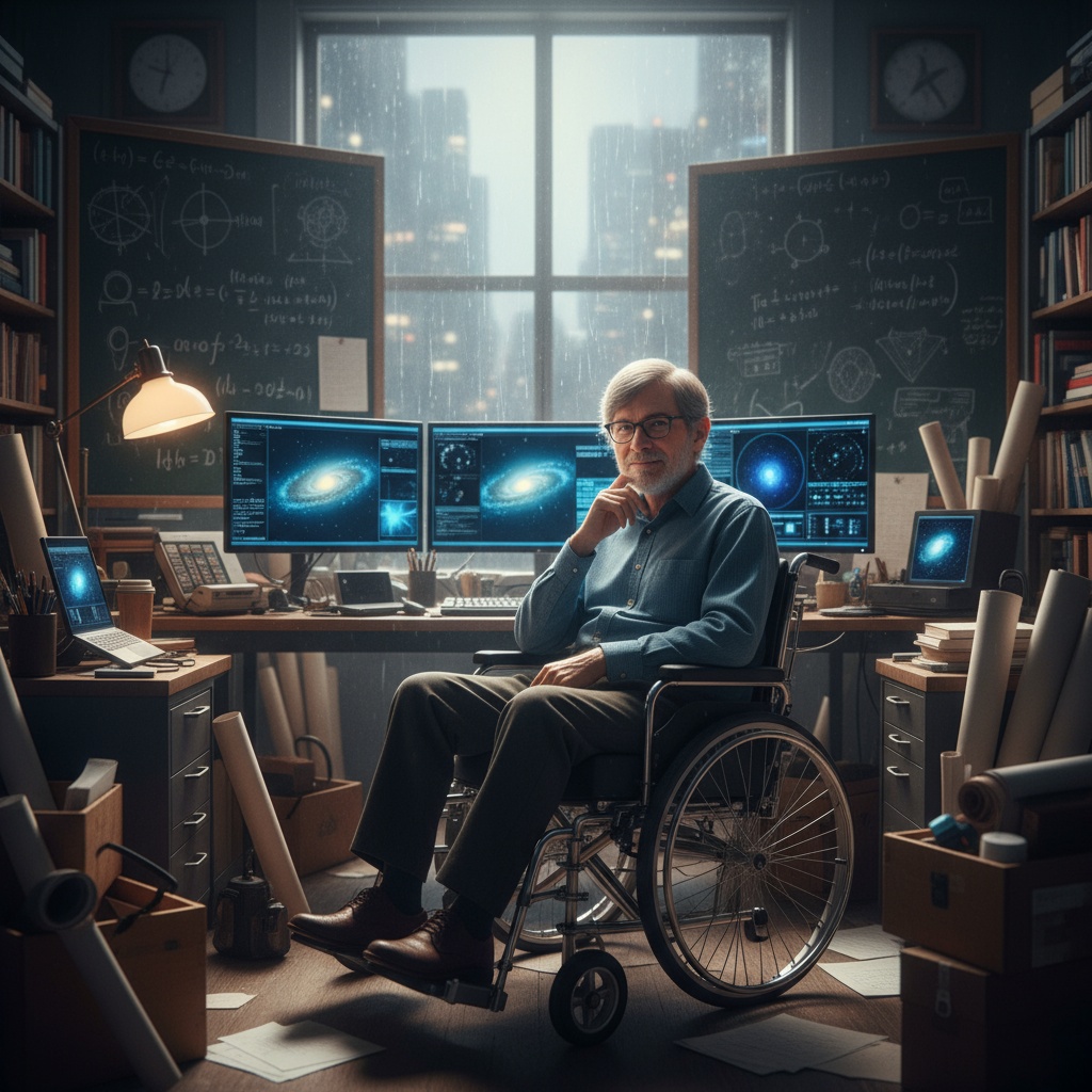 Stephan Howking in his chaire and office 