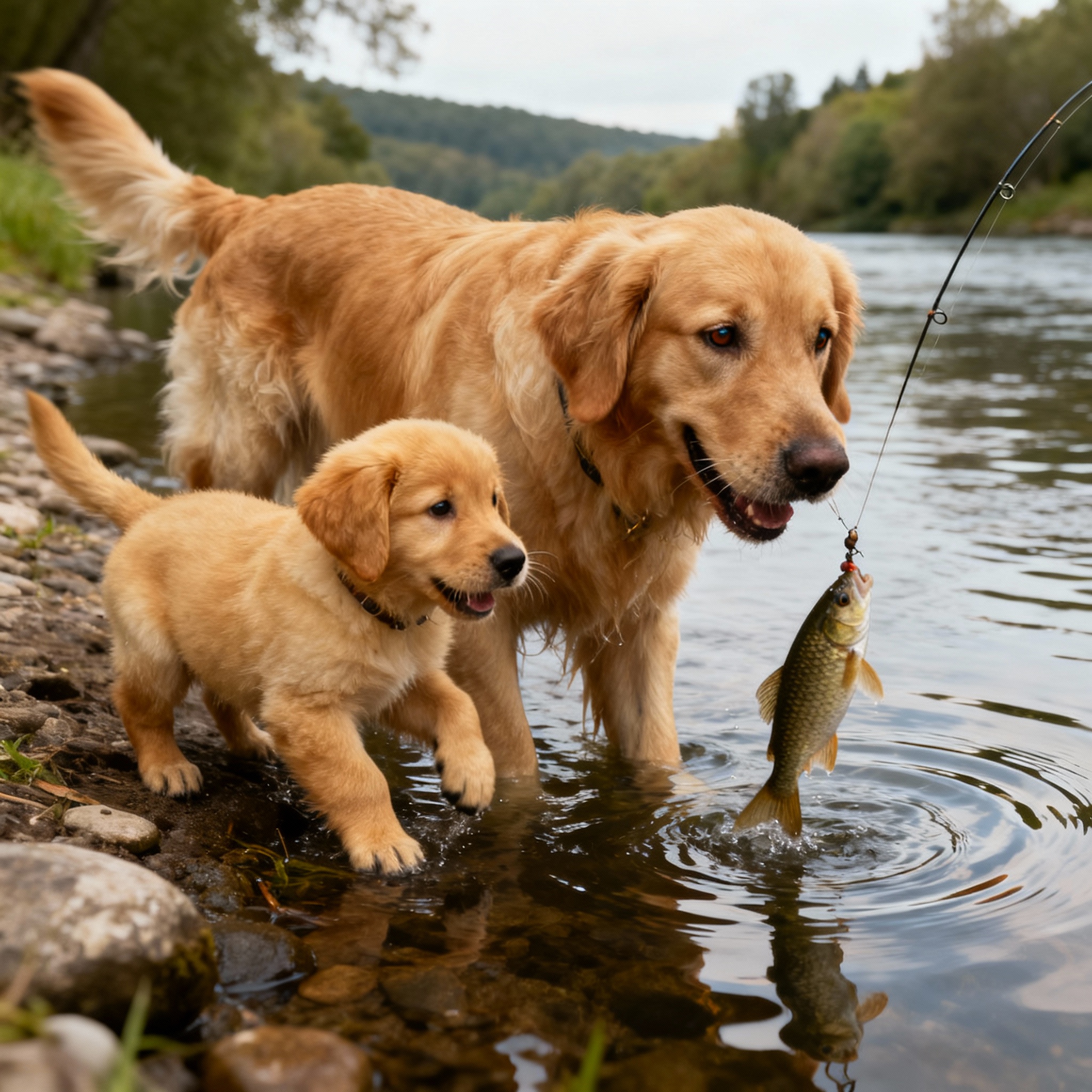 Image of dog retriever with puppy doing fishing on river side