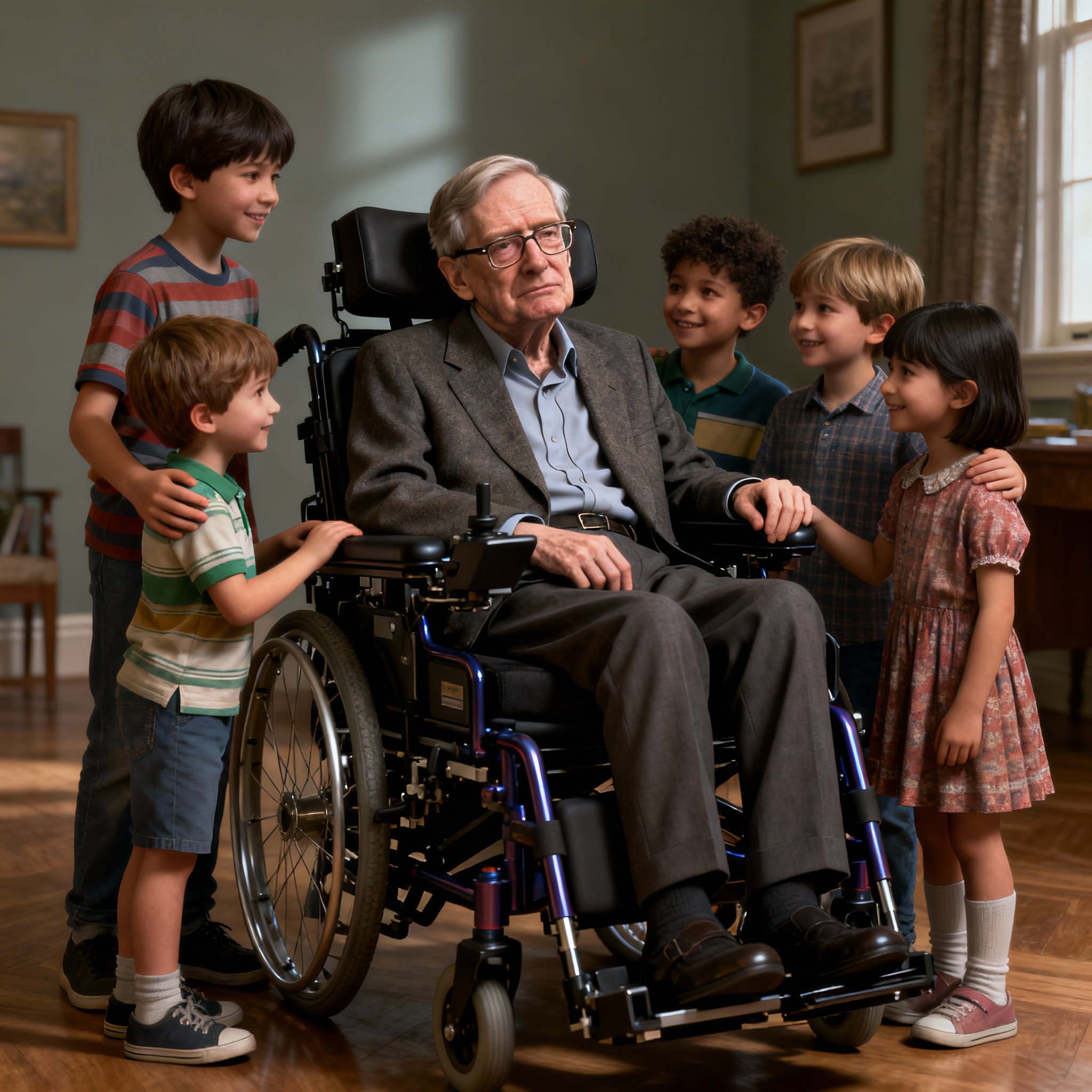 Stephan Hawking surrounded by young children