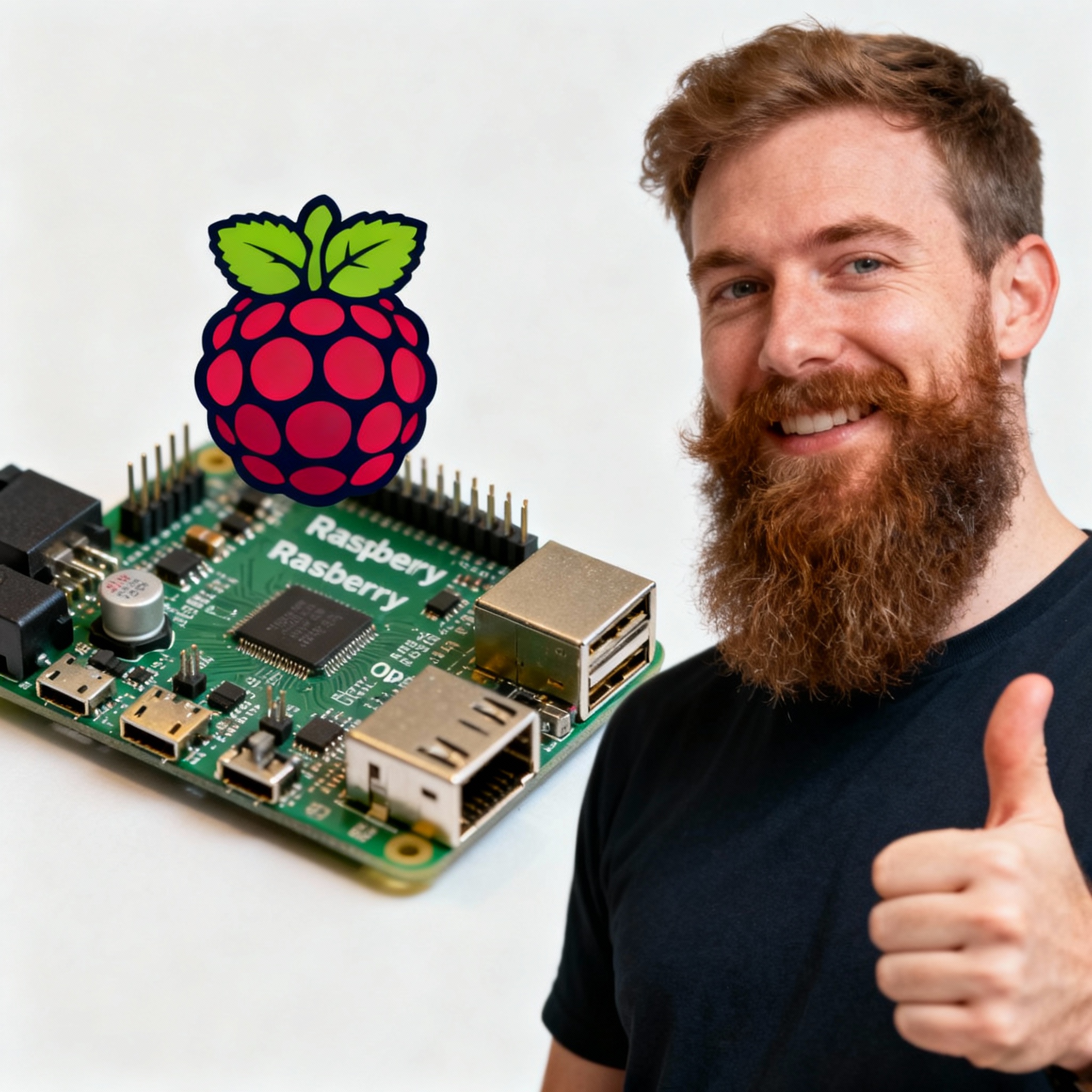 A bearded DevOps guy stood next to a tiny Rapsberry Pi computer with his thumbs up