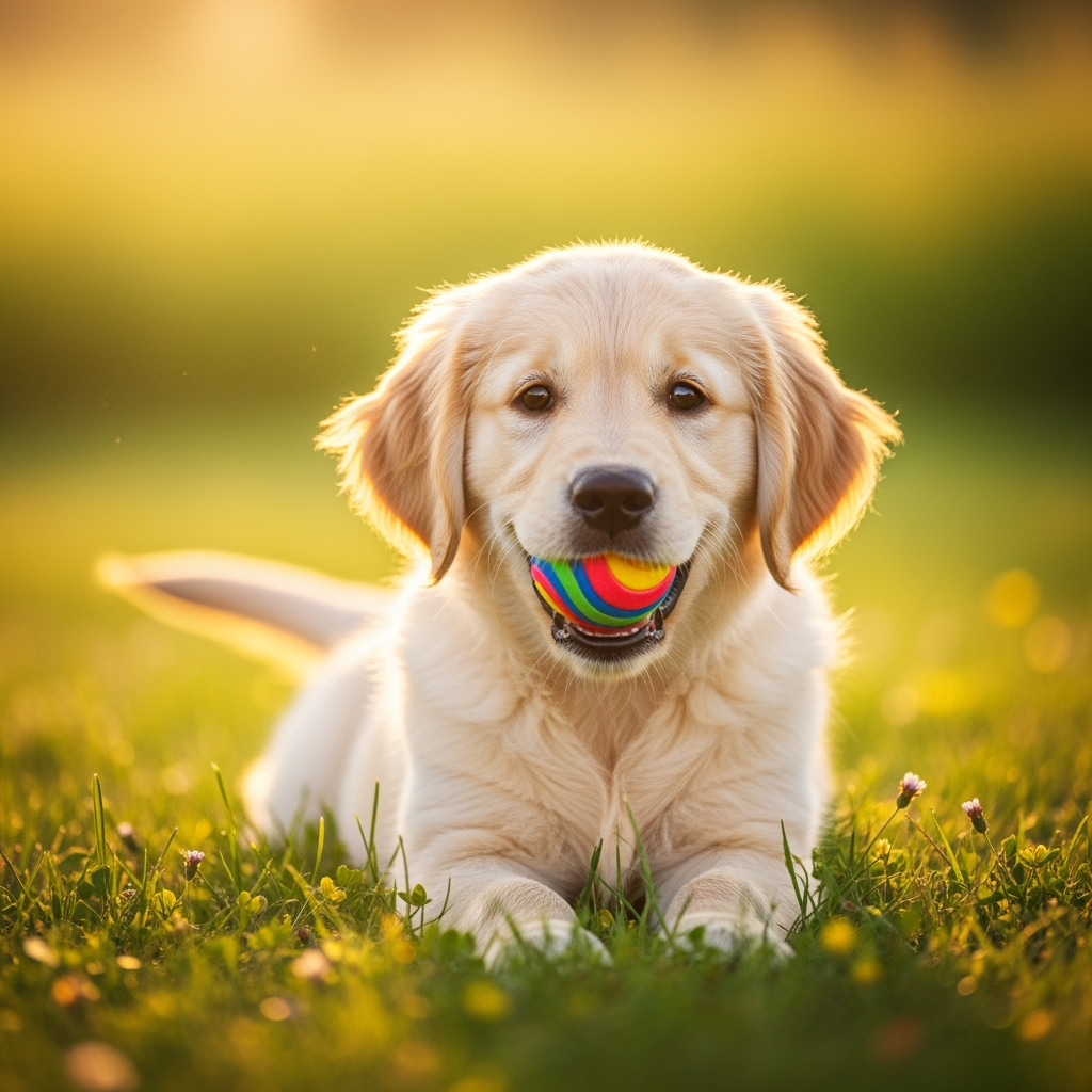 A Golden Retriever puppy playing with a ball in a vibrant meadow under golden sunlight, realistic style, bright colors, soft focus background, detailed fur texture, happy expression. Must look like a photo.