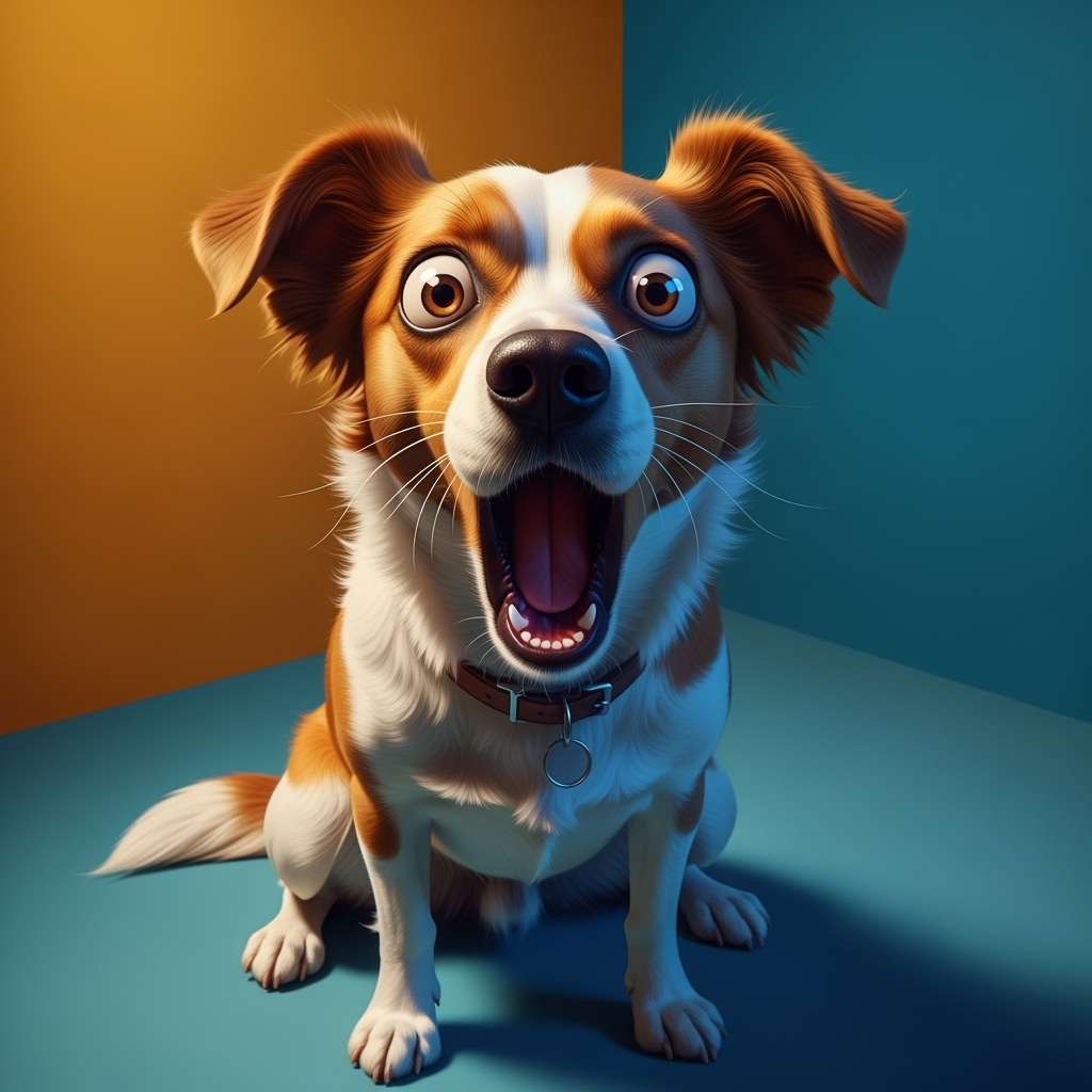 A goofy, memeworthy image of a dog looking shocked