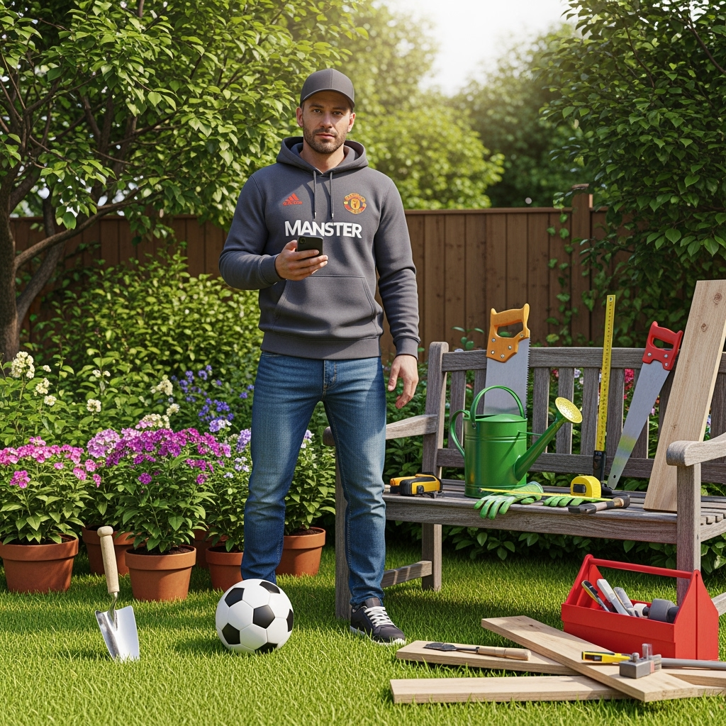 A photorealistic, highly detailed image of a man in his 30s with short, dark hair, wearing a Manchester United football hoodie, blue jeans, trainers, and a baseball cap. He stands casually outdoors in a lush, sunlit garden, holding a modern mobile phone in one hand. A classic black and white soccer ball rests on the grass by his feet. Surrounding him on the ground and a nearby wooden bench are assorted gardening tools, including a metal trowel, a green watering can, potted flowering plants, and gardening gloves. Beside them are woodwork tools such as a handsaw, hammer, wooden planks, measuring tape, and a toolbox, reflecting his hobbies. The background features realistic greenery, a wooden fence, and soft, natural sunlight filtering through the trees, with crisp lifelike textures, realistic skin tones, and natural shadows, emphasizing a vibrant and authentic atmosphere.