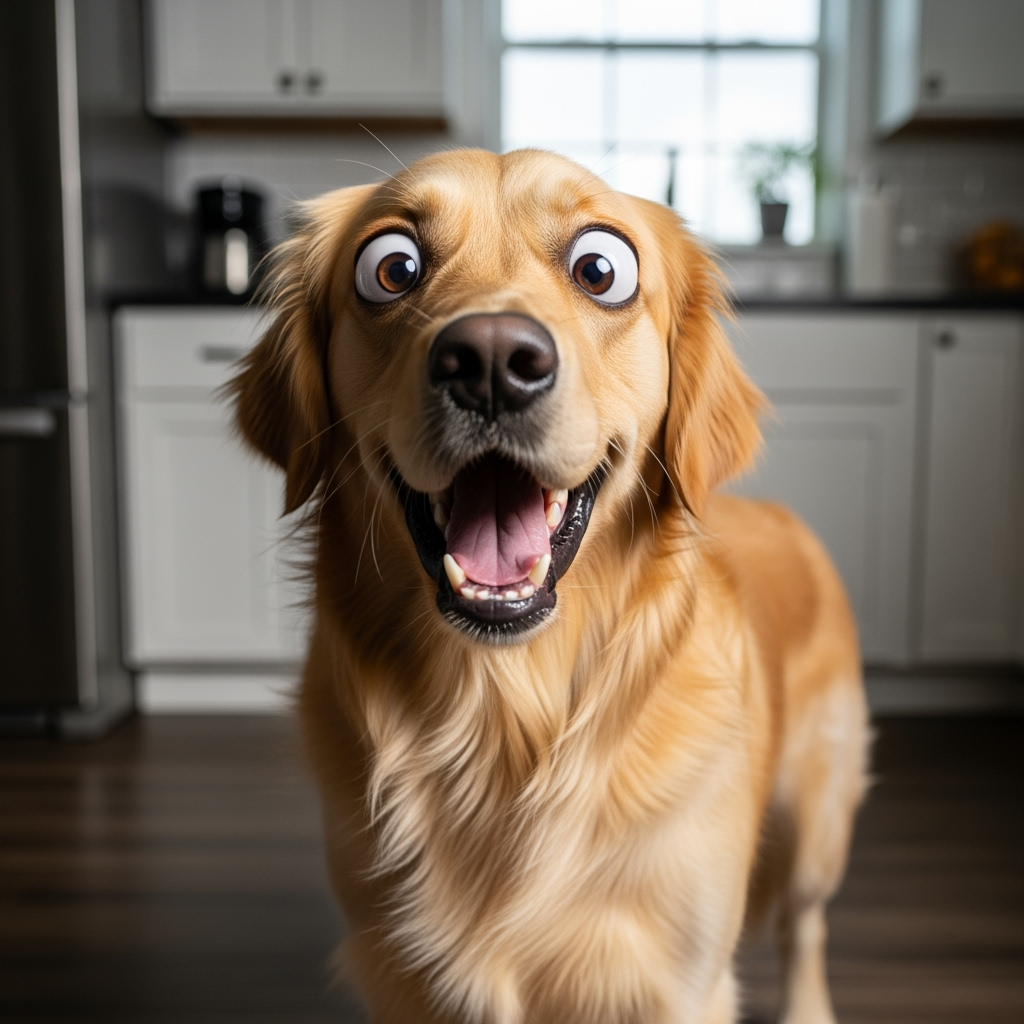 A goofy, memeworthy, photorealistic image of a dog looking shocked