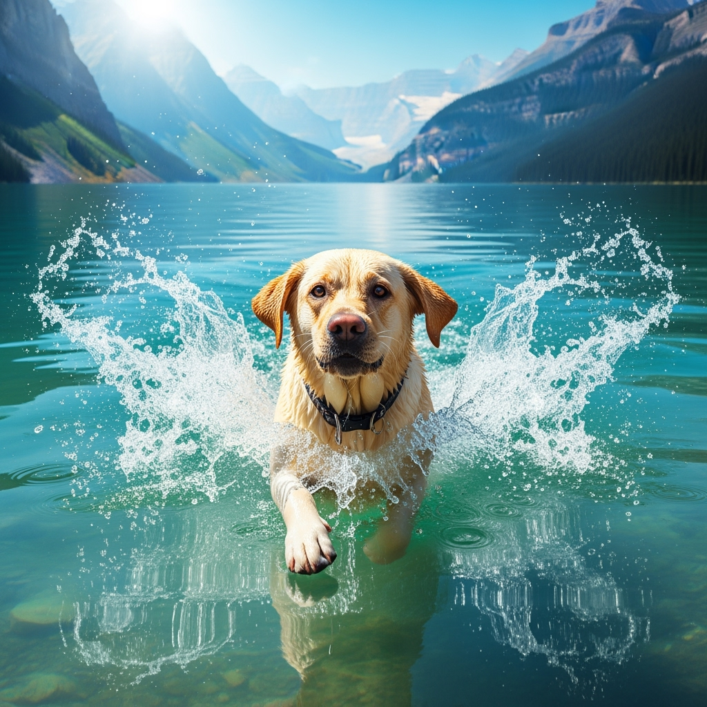 A yellow Labrador Retriever swimming in a turquoise lake with mountains in the background, realistic style, water splashes, vibrant sunlight, action-oriented composition.