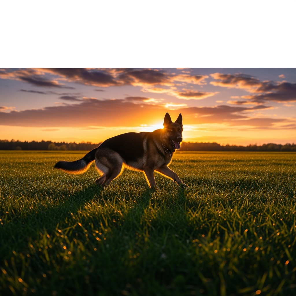 A dog playing in the sunset