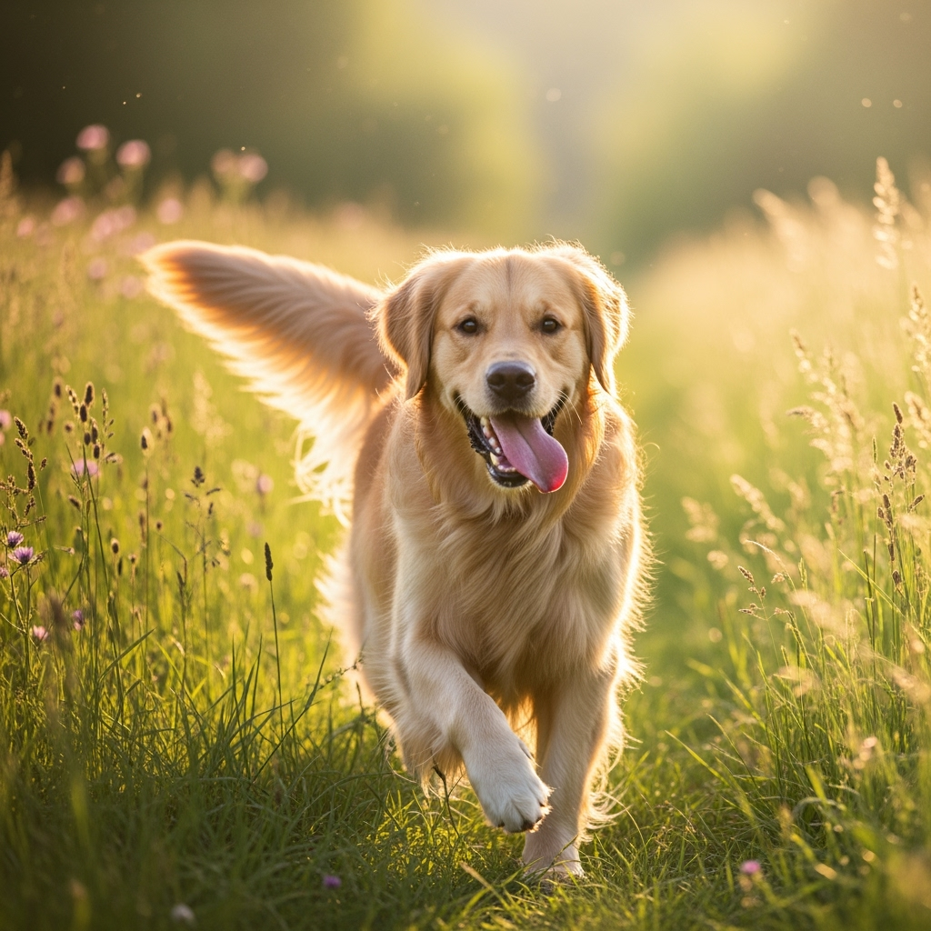 A happy golden retriever playing in a sunlit meadow, embodying joy, loyalty, and companionship. Ideal for family-oriented content and pet-related businesses.