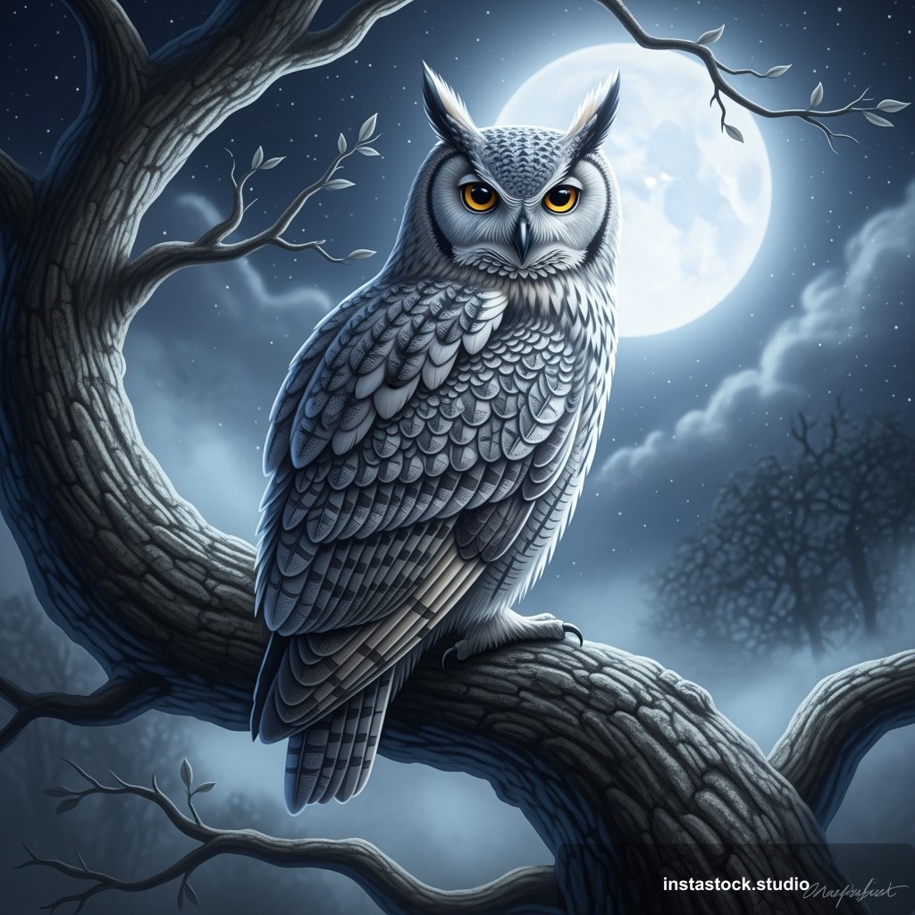 Wise Owl in Moonlight