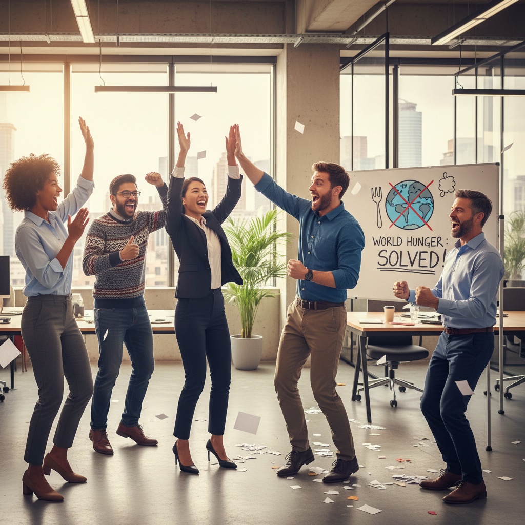 A diverse group high-fiving like they just solved world hunger. This **funny stock image** is workplace harmony dialed to 11.  