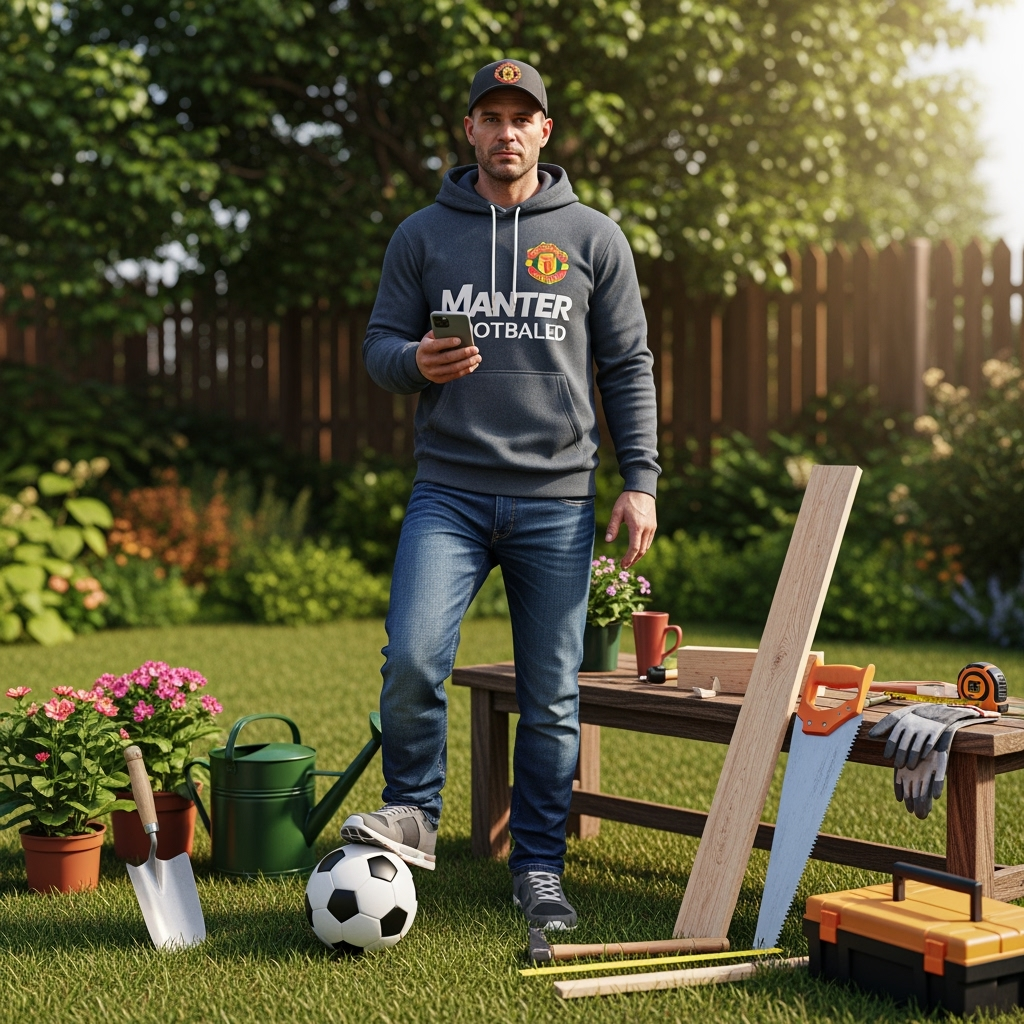A photorealistic image of a man in his 30s with short dark hair, wearing Manchester United football (UK round soccer/ football) hoodie, blue jeans, trainers, and a baseball cap. He is holding a mobile phone in one hand, standing casually with a soccer football placed next to his feet. Surrounding him are various gardening tools (like a trowel, watering can, potted plants) and woodwork tools (such as a saw, hammer, and wooden planks), reflecting his hobbies. The scene is set outdoors in a garden with natural lighting, and the overall composition emphasizes realism and lifelike detail.