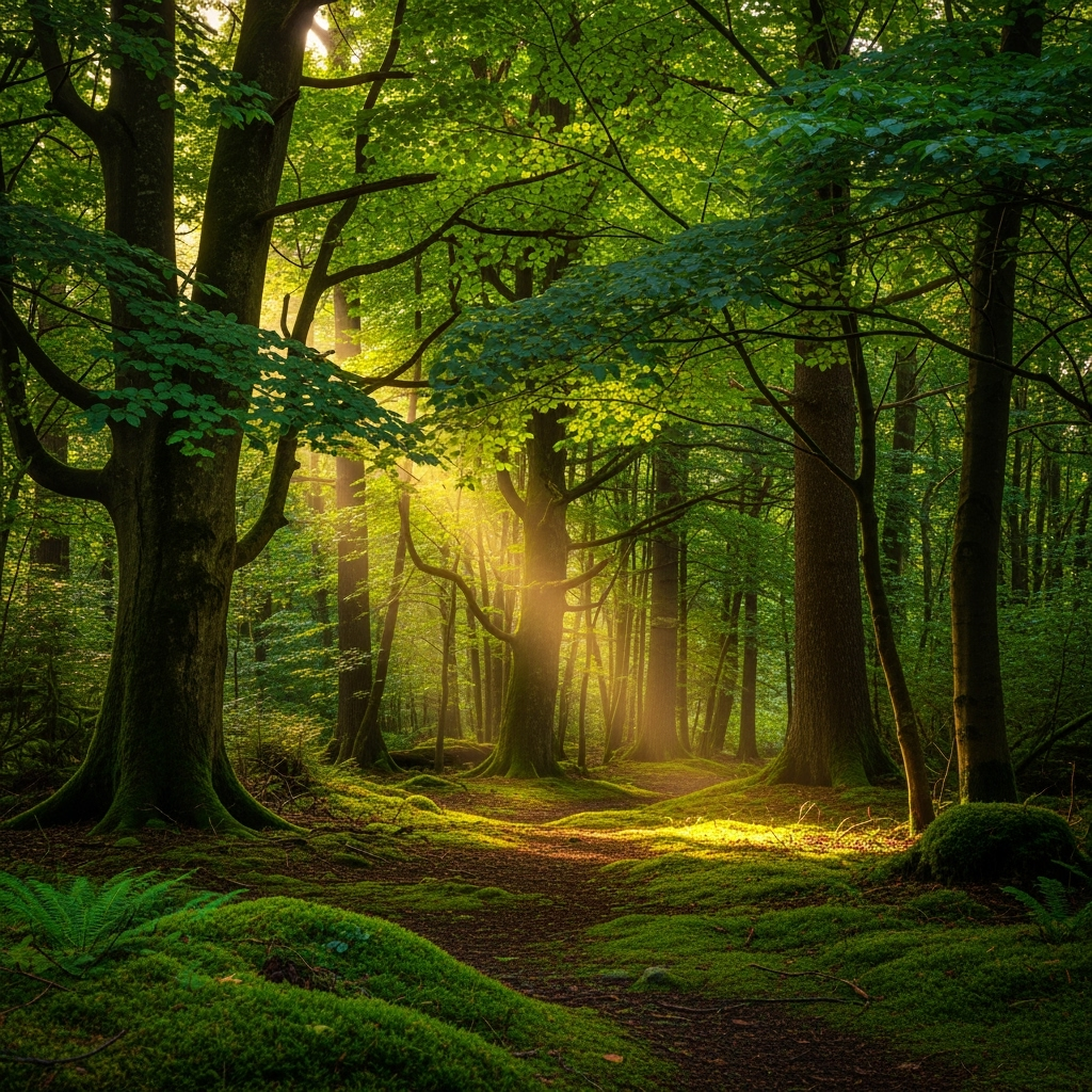 In the forest with light shining through the trees