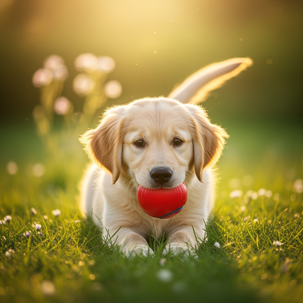 A Golden Retriever puppy playing with a ball in a vibrant meadow under golden sunlight, realistic style, bright colors, soft focus background, detailed fur texture, happy expression. Must look like a photo.