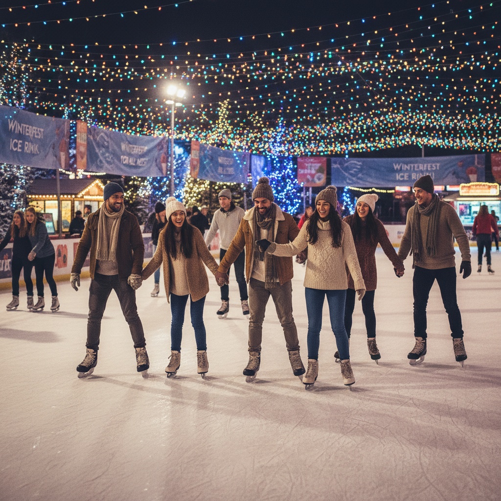 A group of friends laughing and skating under colorful lights at an outdoor rink. The vibrant atmosphere makes this **people ice skating together** photo perfect for social event promotions.