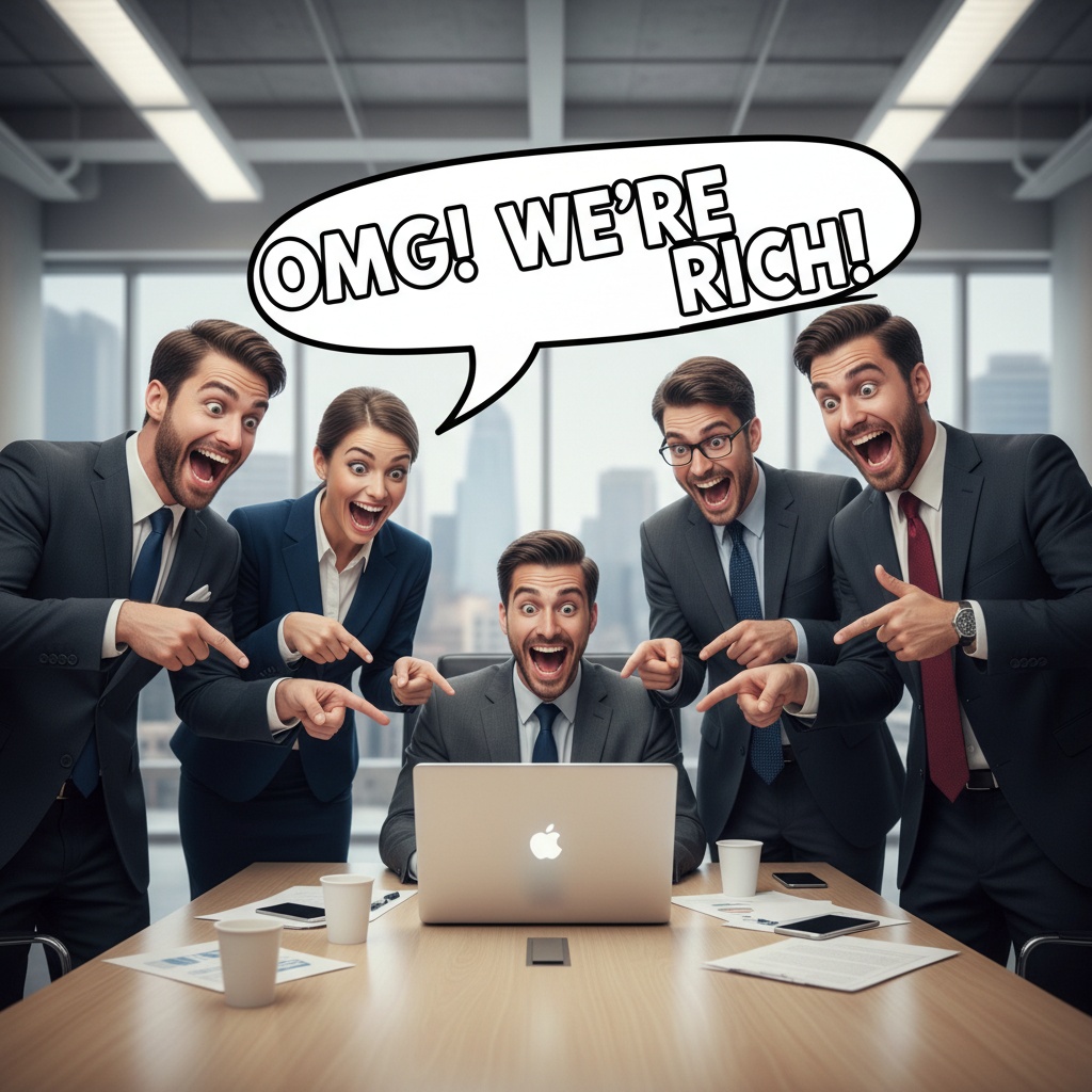 A group of professionals pointing at a laptop, grinning like they just won the lottery. Nobody gets *this* excited about a PowerPoint, making this **funny stock image** a meme favorite.