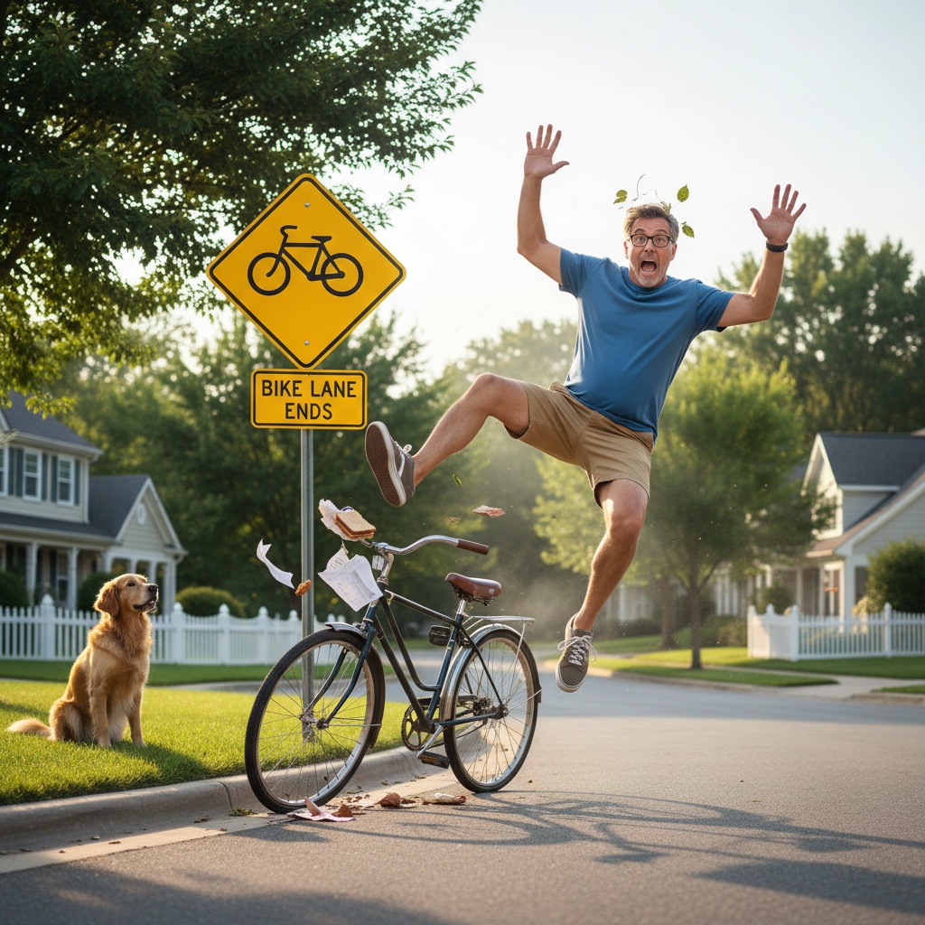 Funny photo of a man riding a bike and coming of his bike, hitting a road sign. The photo should be funny and the man should not be hurt badly!