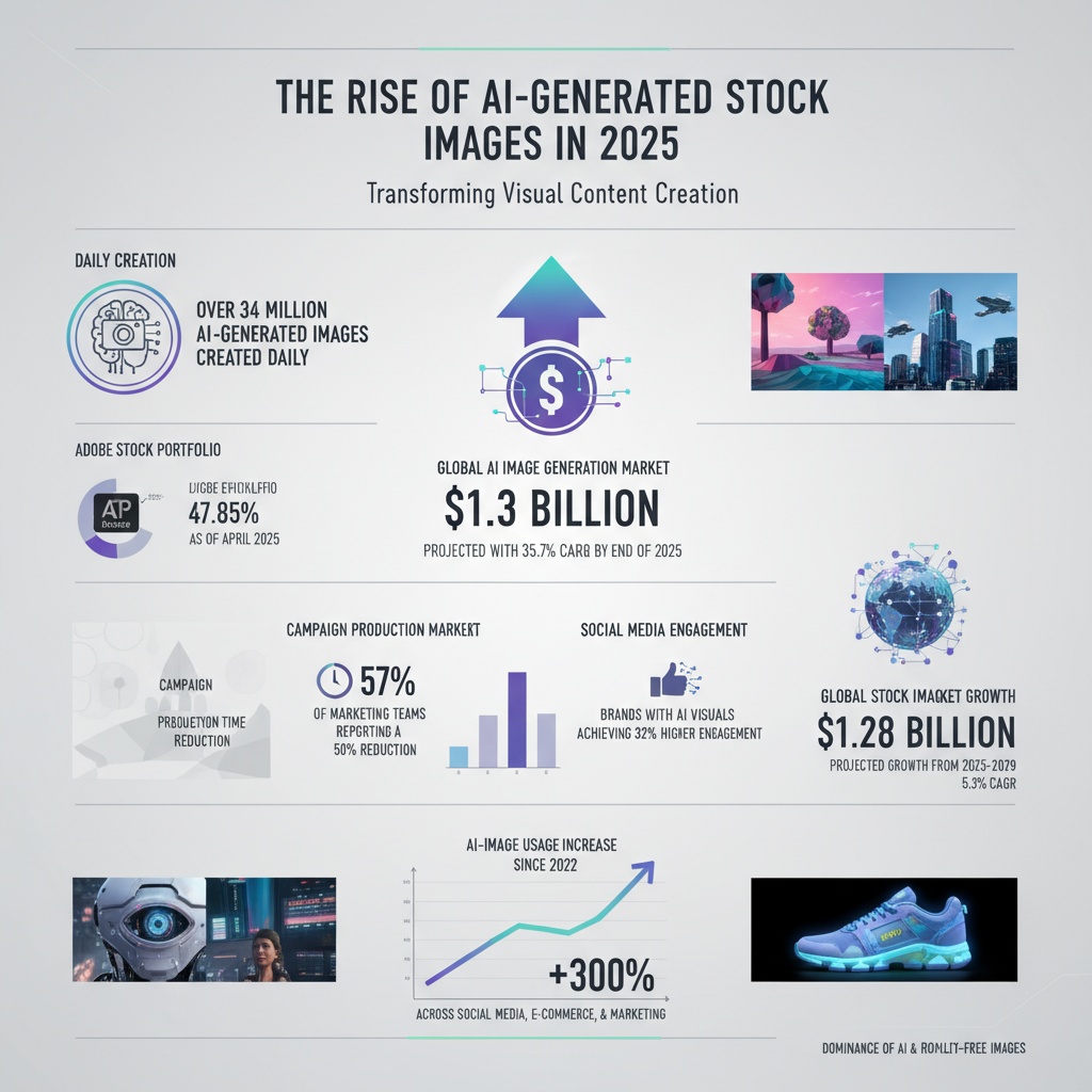 Create an infographic titled: "The Rise of AI-Generated Stock Images in 2025". Use the following stats on the infographic: "Over 34 million AI-generated images are created daily", "As of April 2025, 47.85% of Adobe Stock's entire image portfolio consists of AI-generated content.", "The global AI image generation market is projected to reach $1.3 billion by the end of 2025, growing at a CAGR of 35.7%.", "57% of marketing teams report that AI image generation has reduced campaign production time by at least 50%.", "Brands using AI-generated visuals see 32% higher social media engagement rates than those using traditional stock photos.", "Usage of AI-generated images has increased 300% since 2022 across social media, e-commerce, and marketing teams.", "The global stock images market is projected to grow by $1.28 billion from 2025-2029, at a CAGR of 5.3%, with AI and royalty-free dominating."