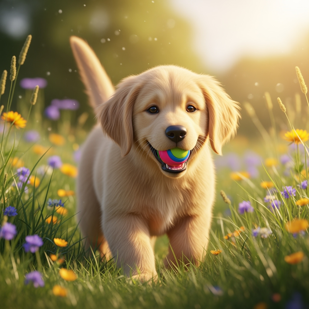 A Golden Retriever puppy playing with a ball in a vibrant meadow under golden sunlight, realistic style, bright colors, soft focus background, detailed fur texture, happy expression.