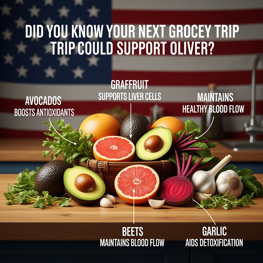Visual idea:

Background: Soft, natural lighting with the backdrop features big elements of the American flag. It could be slightly blurred to keep the focus on the foods and create a clean, minimalistic feel.

Central Focus: A kitchen or grocery store setting with a wooden countertop. The main subject is a basket or wooden bowl filled with the four liver-supporting foods: avocados, grapefruits, beets, and garlic.

Food Presentation: The foods are beautifully arranged and highlighted — some nestled in a basket, others displayed on the countertop — with a few cut open to reveal their rich inner textures, like the creamy avocado, juicy grapefruit segments, vibrant beetroot, and fresh garlic cloves.

Natural Elements: Surround the foods with fresh greenery, such as leafy herbs or microgreens, to emphasize the natural and healthy vibe. There could be a subtle glow or light focusing on the foods to create a sense of vitality.

Text Overlay: In a organic, bold white font, the caption “Did you know your next grocery trip could support your liver?” could appear at the top. Could be also added the 4 food names as smaller text below each item, with key benefits subtly added as labels next to each food, like:

Avocados: Boosts Antioxidants

Grapefruit: Supports Liver Cells

Beets: Maintains Healthy Blood Flow

Garlic: Aids Detoxification