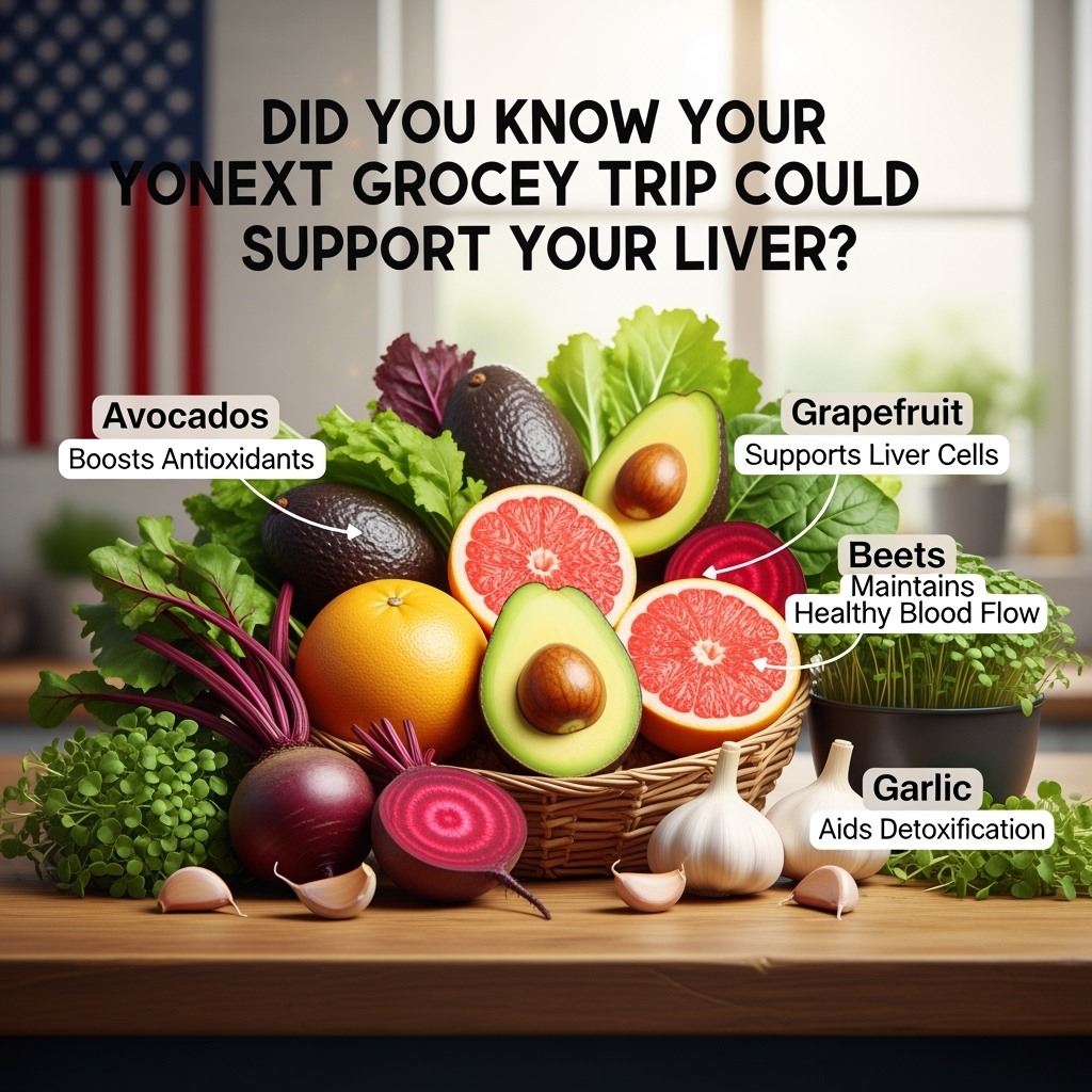 Visual idea:

Background: Soft, natural lighting with the backdrop features subtle elements of the American flag. It could be slightly blurred to keep the focus on the foods and create a clean, minimalistic feel.

Central Focus: A kitchen or grocery store setting with a wooden countertop. The main subject is a basket or wooden bowl filled with the four liver-supporting foods: avocados, grapefruits, beets, and garlic.

Food Presentation: The foods are beautifully arranged and highlighted — some nestled in a basket, others displayed on the countertop — with a few cut open to reveal their rich inner textures, like the creamy avocado, juicy grapefruit segments, vibrant beetroot, and fresh garlic cloves.

Natural Elements: Surround the foods with fresh greenery, such as leafy herbs or microgreens, to emphasize the natural and healthy vibe. There could be a subtle glow or light focusing on the foods to create a sense of vitality.

Text Overlay: In a organic, bold font, the caption “Did you know your next grocery trip could support your liver?” could appear at the top. Could be also added the 4 food names as smaller text below each item, with key benefits subtly added as labels next to each food, like:

Avocados: Boosts Antioxidants

Grapefruit: Supports Liver Cells

Beets: Maintains Healthy Blood Flow

Garlic: Aids Detoxification