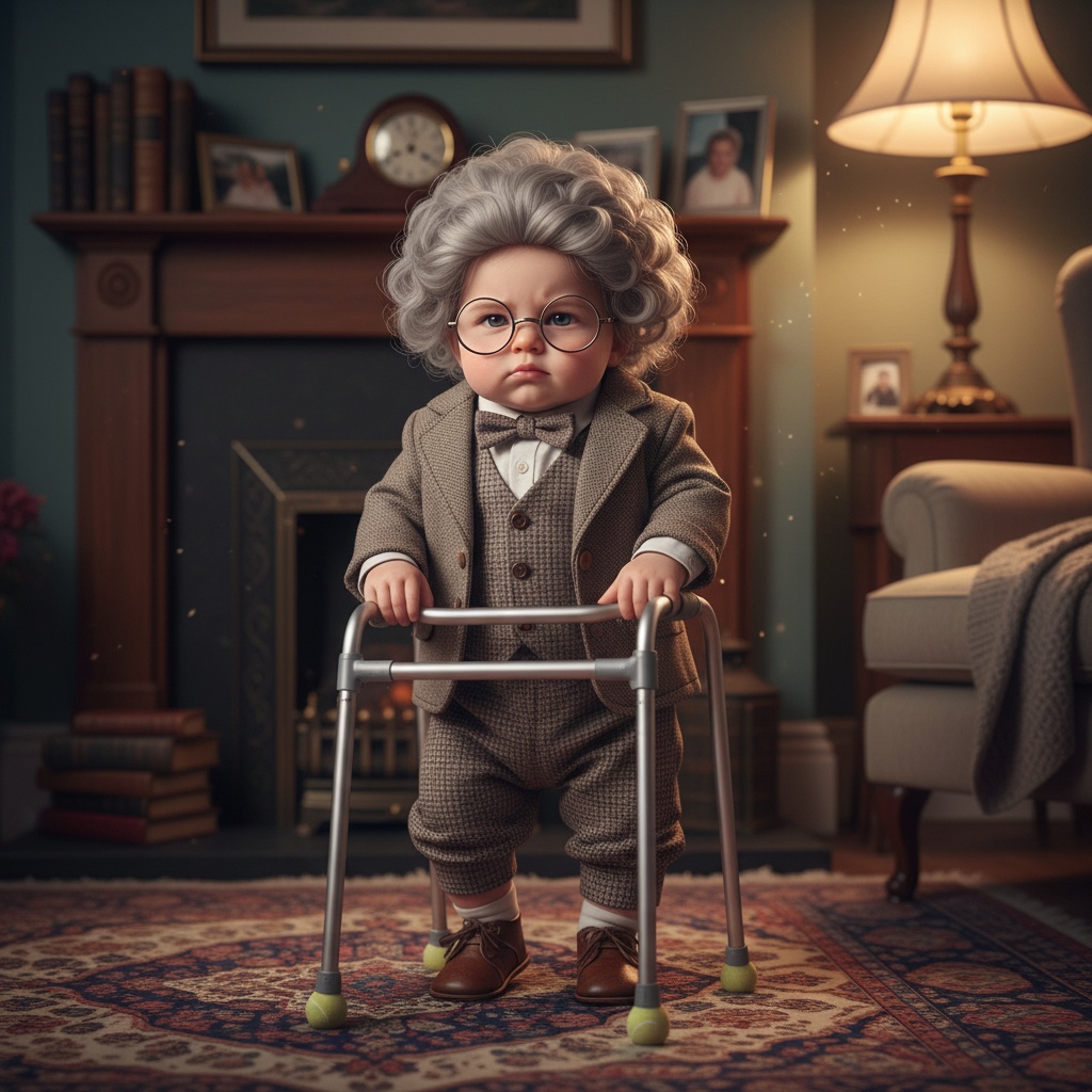 Baby dressed as an old person and walking with a zimmerframe