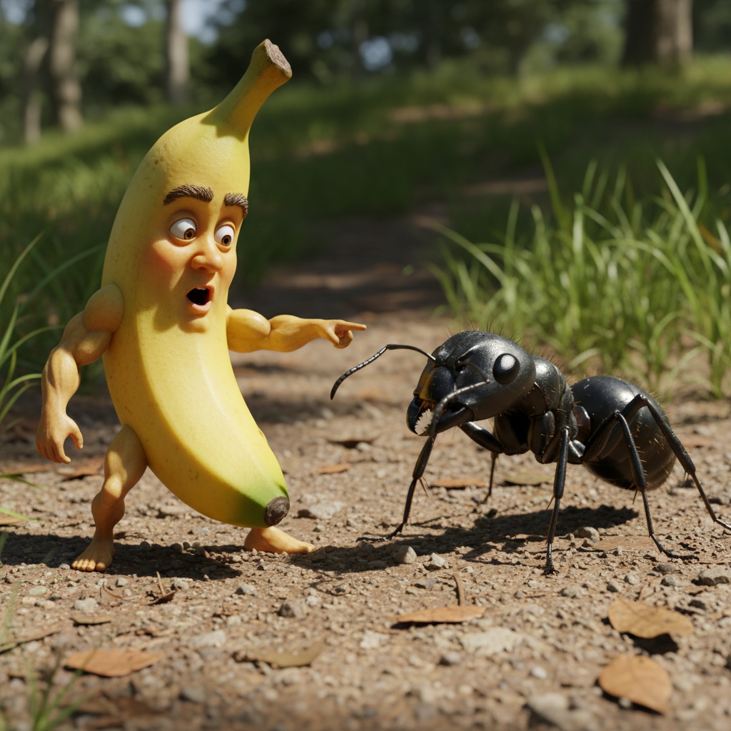 A banana with a face, arms and legs pointing at a giant ant
