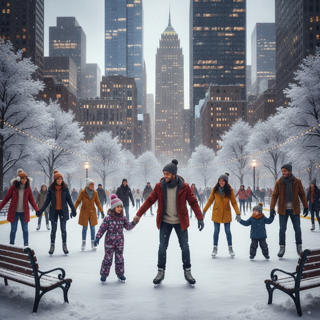 A diverse group of people skating together in a city park, with urban skyline visible. This dynamic image highlights community and outdoor fun in winter. 