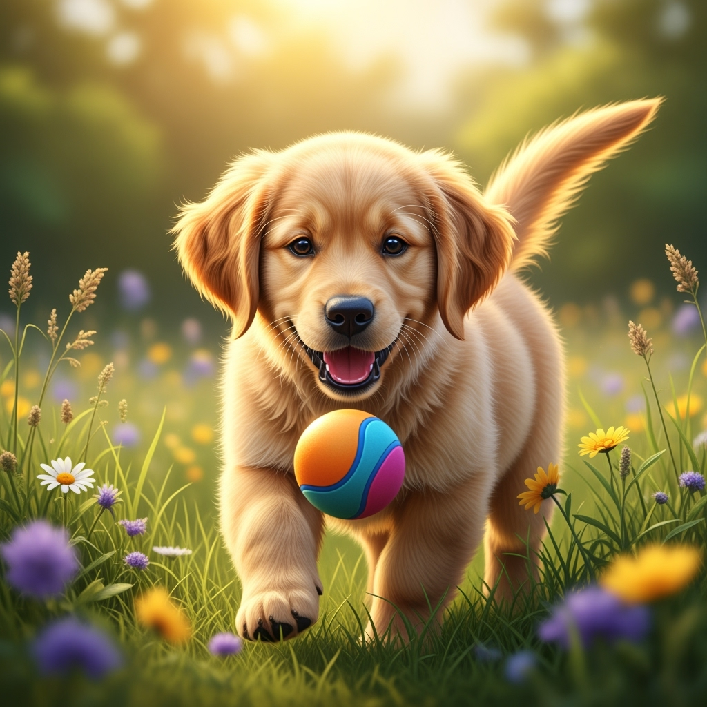 A Golden Retriever puppy playing with a ball in a vibrant meadow under golden sunlight, realistic style, bright colors, soft focus background, detailed fur texture, happy expression.