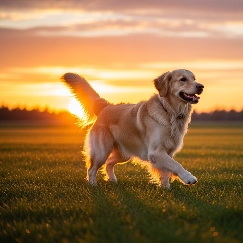 A golden retriever, playing in the sunset
