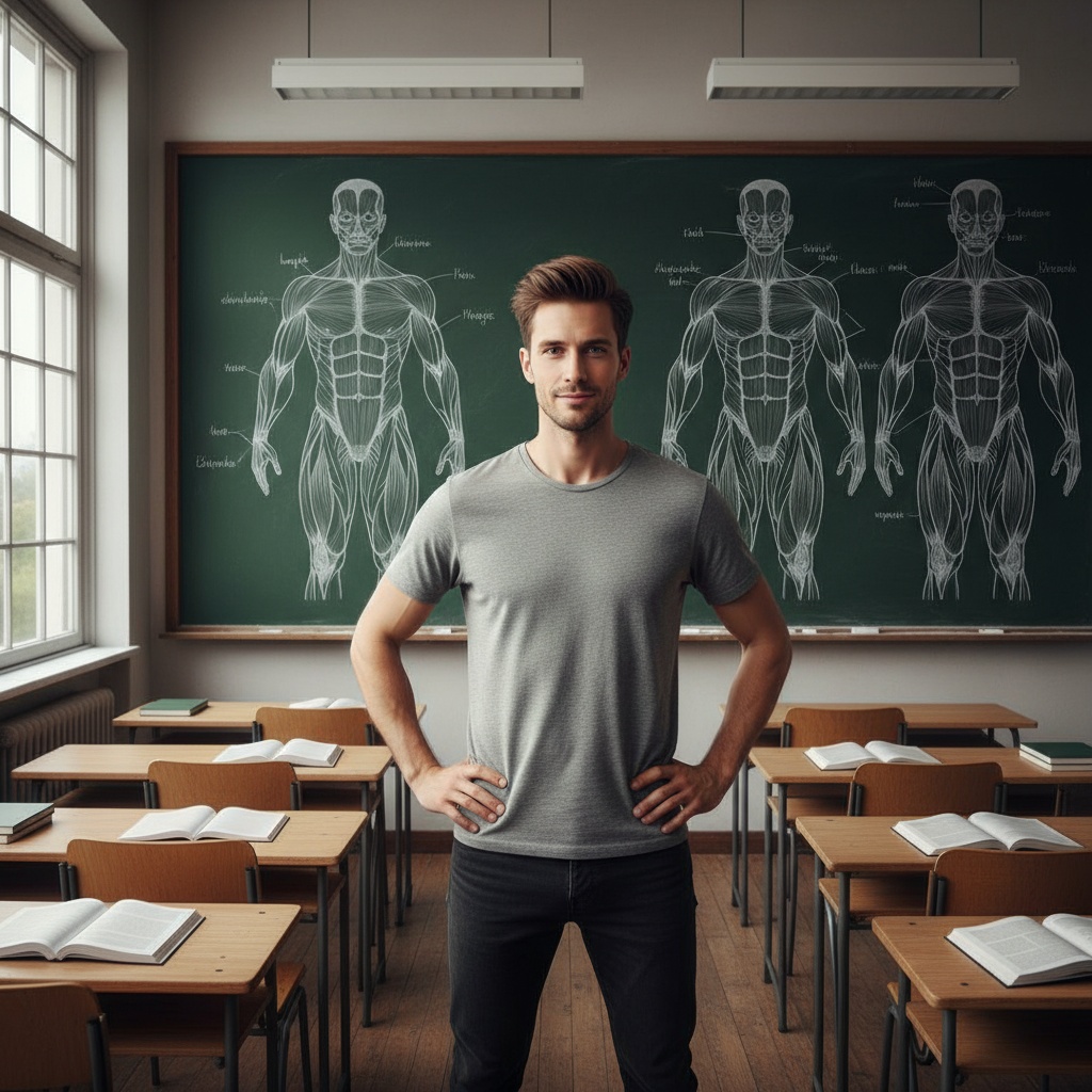 A skinny man stood in front of a blackboard with muscles drawn on the board
