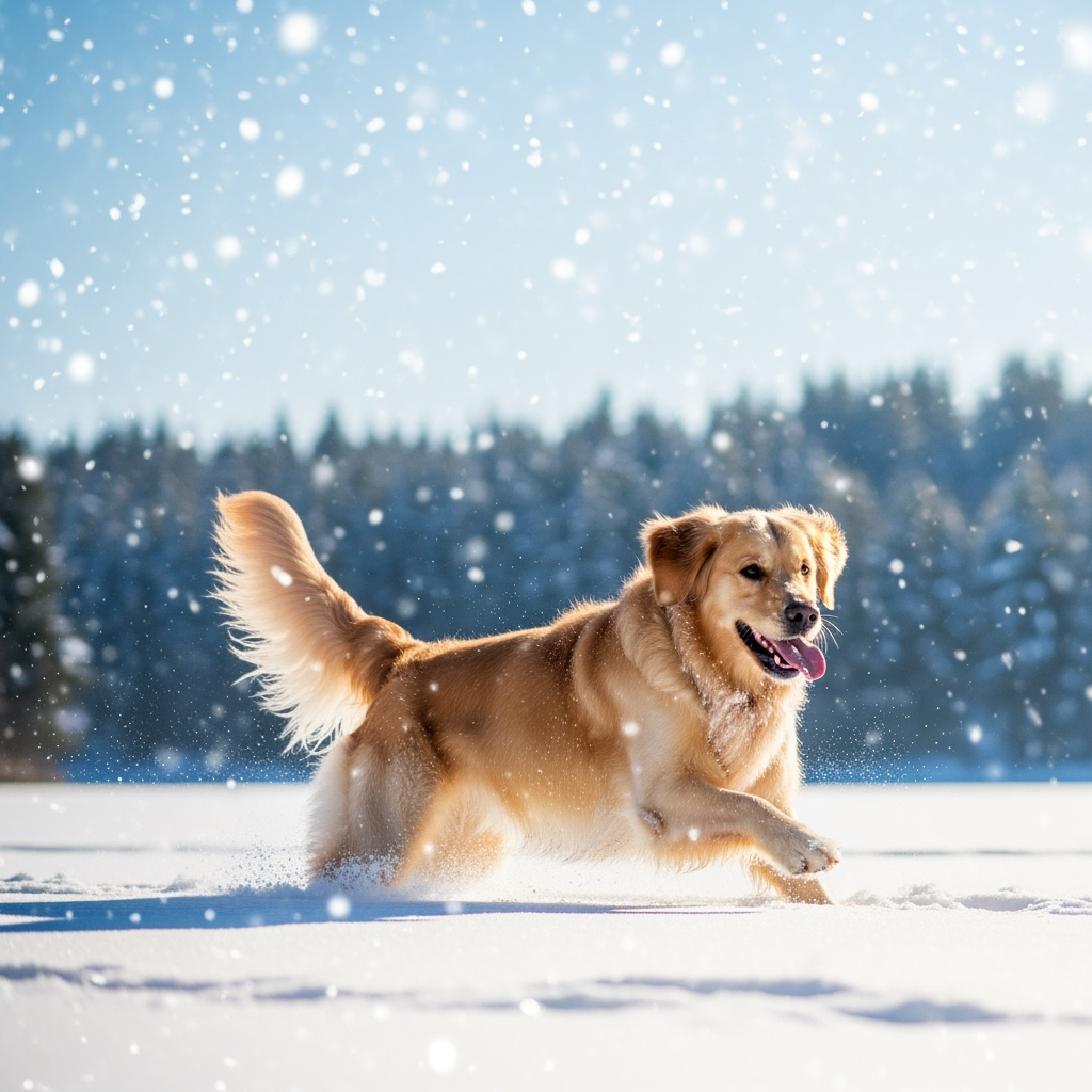 Stock photo of a dog playing in the snow