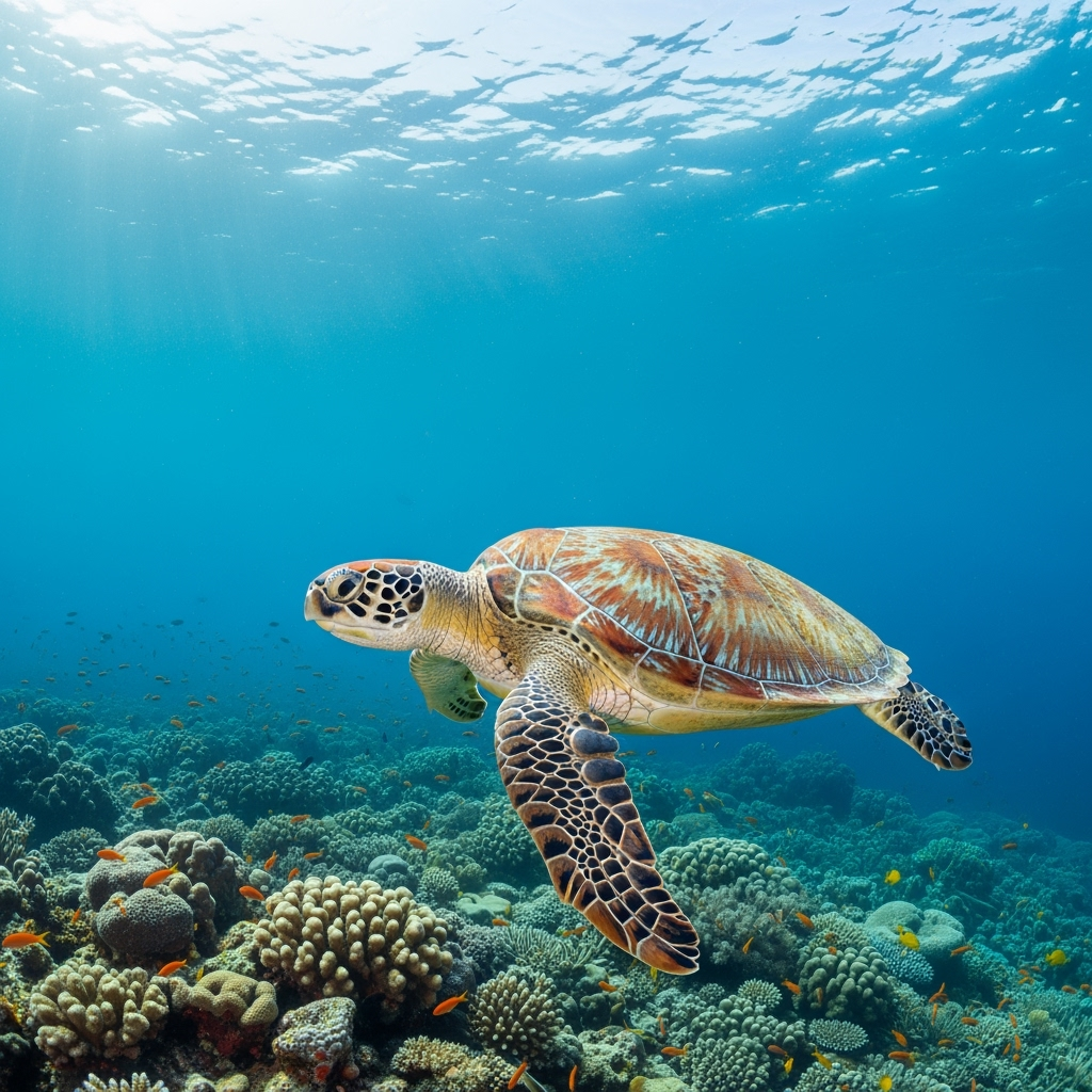 A sea turtle gliding through coral reefs, representing patience, longevity, and marine conservation. Perfect for environmental and wellness content.