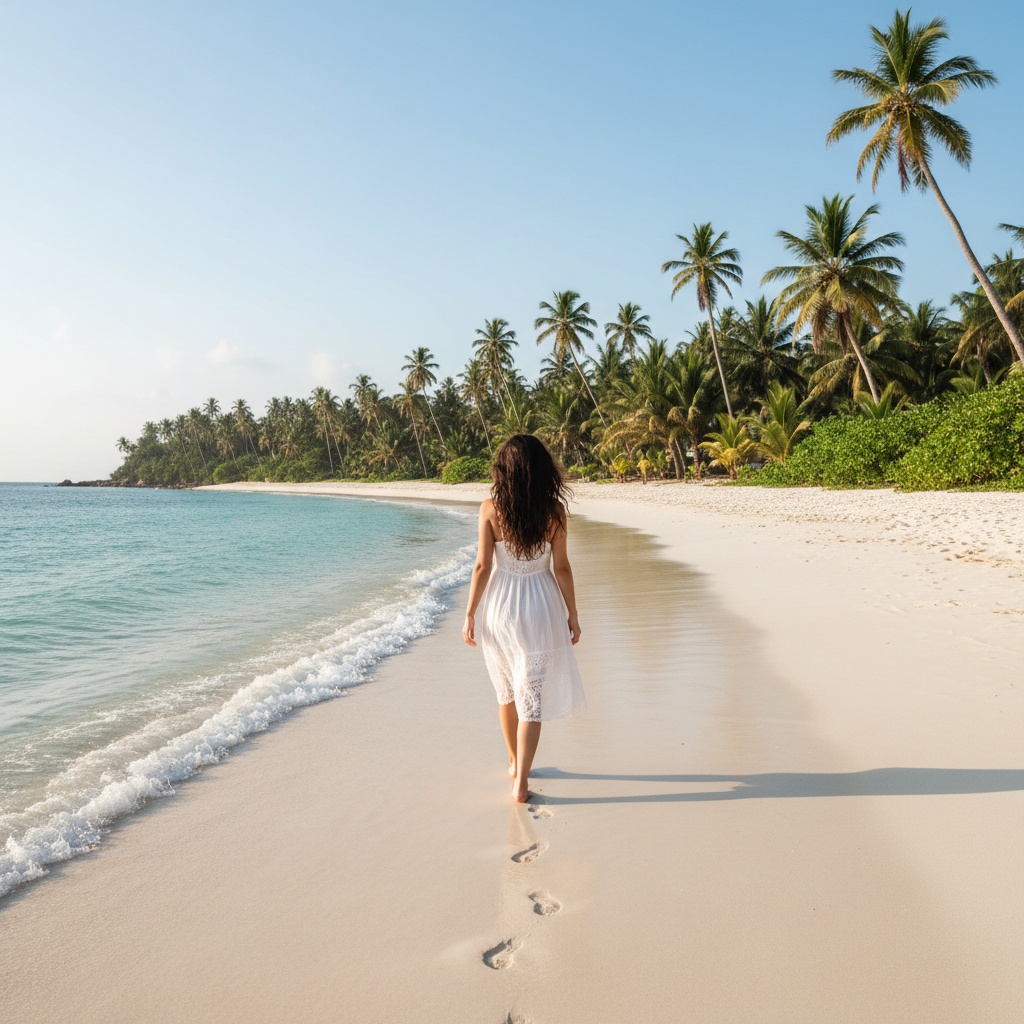 A woman walking away from the camera on a tropical beach