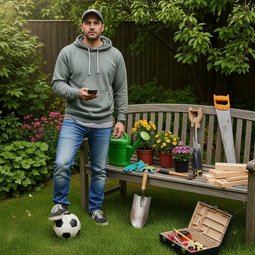 A photorealistic, highly detailed image of a man in his late 20s with short, dark hair, wearing a grey/green hoodie, blue jeans, trainers, and a baseball cap. He stands casually outdoors in a lush, garden, holding a modern mobile phone in one hand. looking more causal and typical of a lad (less model, less tidy - creases/ not new looking clothes) A classic black and white soccer ball rests on the grass by his feet. Surrounding him on the ground and a nearby wooden bench are assorted gardening tools, including a metal trowel, a green watering can, potted flowering plants, and gardening gloves. Beside them are woodwork tools such as a handsaw, hammer, wooden planks, measuring tape, and a toolbox, reflecting his hobbies. The background features realistic greenery, a wooden fence, and soft, natural sunlight filtering through the trees, with crisp lifelike textures, realistic skin tones, and natural shadows, emphasizing aauthentic atmosphere.