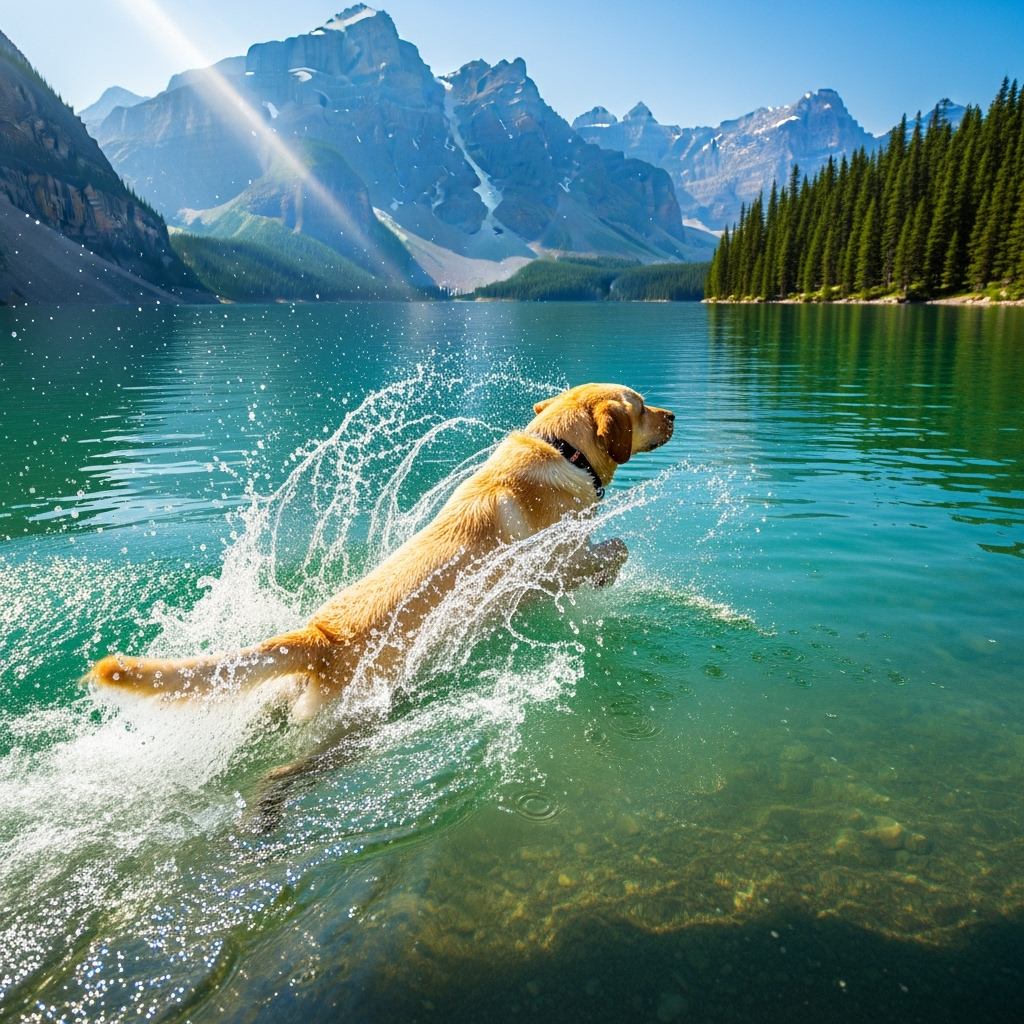A yellow Labrador Retriever swimming in a turquoise lake with mountains in the background, realistic style, water splashes, vibrant sunlight, action-oriented composition. Must look like a photo.