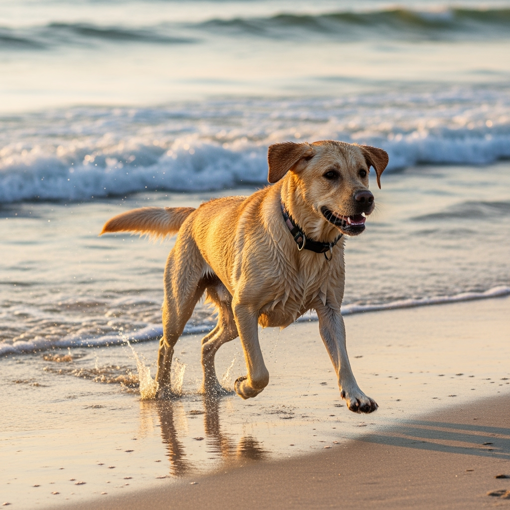 A dog playing on the beach. Must look like a photo.