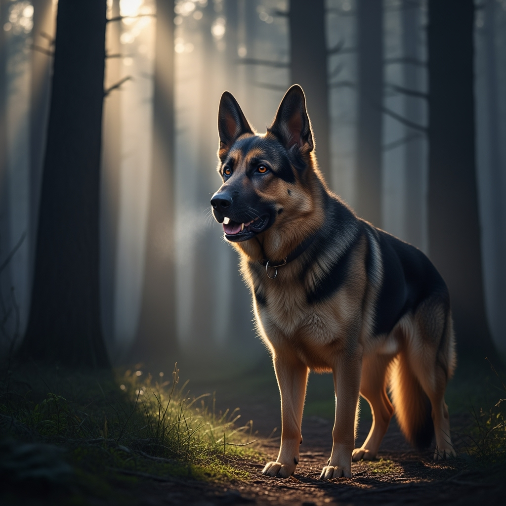 A German Shepherd standing alert in a misty forest at dusk, realistic style, dramatic lighting, detailed fur, intense eyes, cinematic composition.